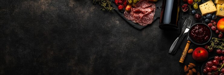 Фотография гурманское блюдо с вином, сыром, салами, фруктами и орехами на темном фоне