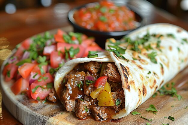 Photo gourmet french dip steak burrito with au jus dipping sauce