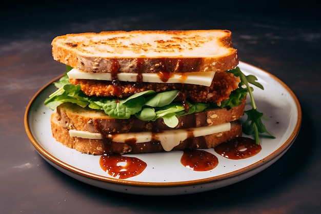 Изысканный жареный сэндвич с тофу на тарелке