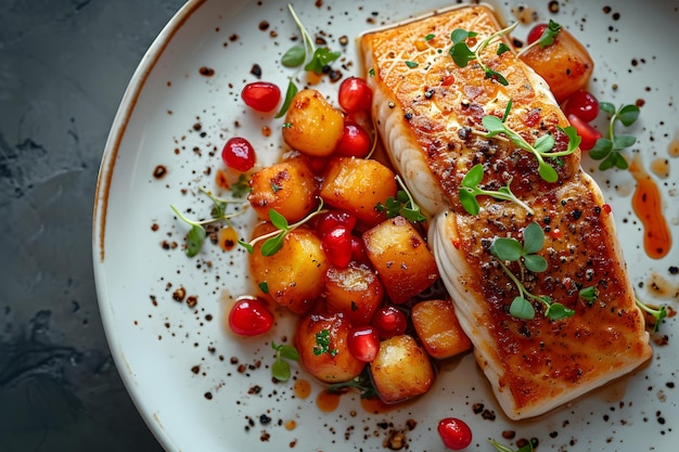 Gourmet gepaste zalm met geroosterde aardappelen en granaatappels op een stijlvol bord