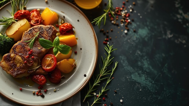 Foto gourmet geroosterde kip en groenten op een donkere humeurige achtergrond