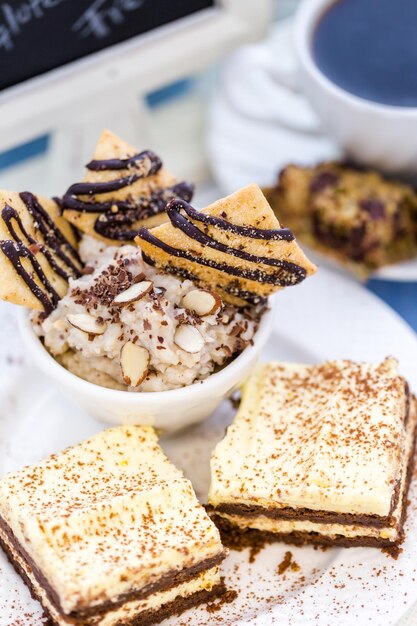 Gourmet gluten free dessert on a tray at the summer picnic.