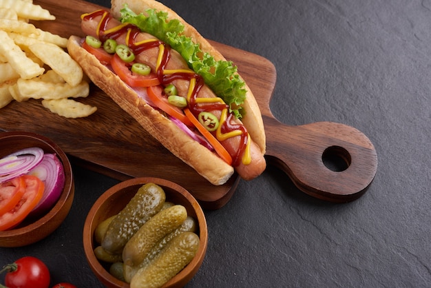 Hot dog di manzo alla griglia gourmet con lati e patatine. deliziosi e semplici hot dog con senape, pepe, cipolla e nachos. hot dog completamente caricati con condimenti assortiti su una tavola da paddle.