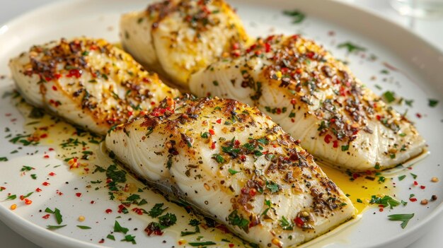 Gourmet Grilled Fish Fillets Garnished with Colorful Spices and Herbs