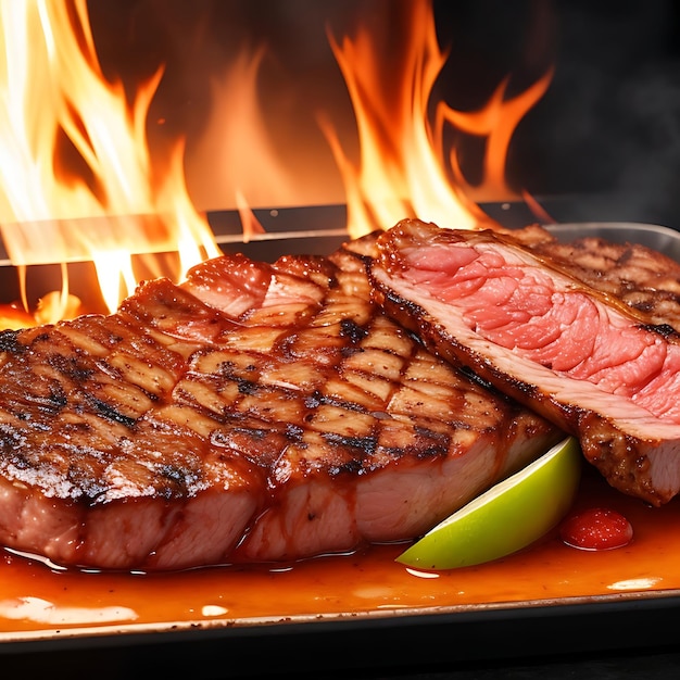 Gourmet grilled meat on plate glowing with heat ai