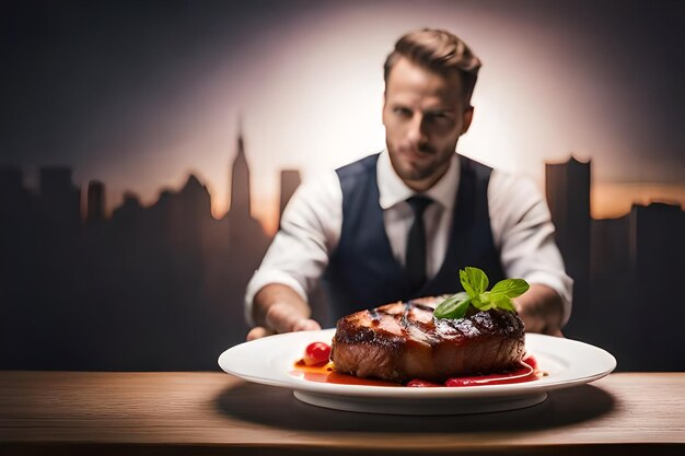 Photo gourmet grilled meat on plate glowing with heat generated