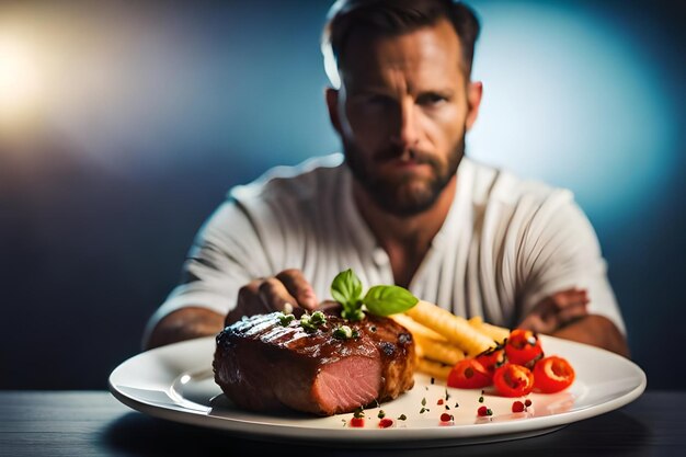 Foto carne alla griglia gourmet su piatto che brilla con il calore generato