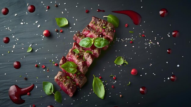 Photo gourmet grilled steak flavoured with pink pepper and basil concept for a tasty and generative ai