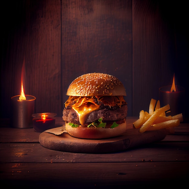 Photo gourmet hamburger with french fries. juicy beef burger on a wooden table