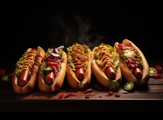 Gourmet Hot Dogs on Wooden Table