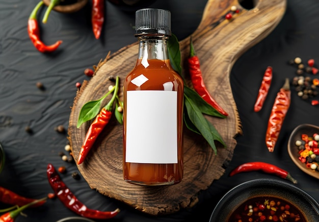 Gourmet hot sauce in a glass bottle surrounded by fresh and dried chilies spices and herbs on a rustic wooden board