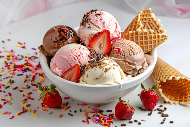 Photo gourmet ice cream bowl with fresh strawberries colorful sprinkles and waffle cones creative