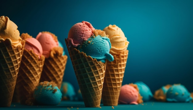 Gourmet ice cream cones with toppings generated by AI