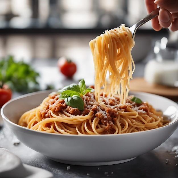 Gourmet Italiaanse bolognese pasta met verse parmeza gegenereerd door AI