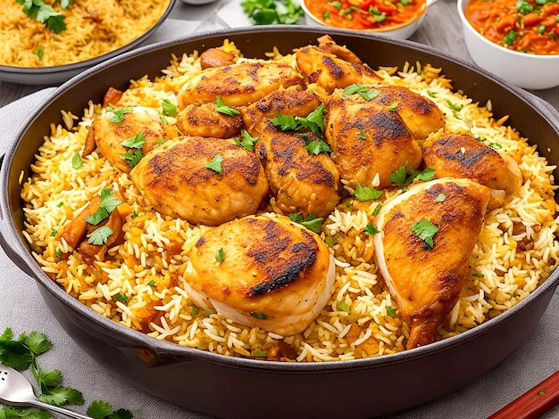 Gourmet kip biryani met gestoomde basmati rijst op een donkere houten tafel AI_Generated