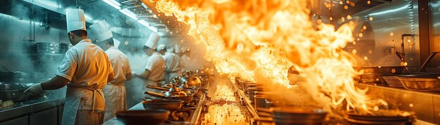 Foto cucina gourmet in azione con i cuochi sfocati mentre cucinano