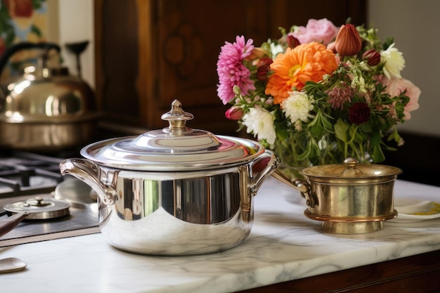 Photo gourmet kitchen essentials with floral elegance