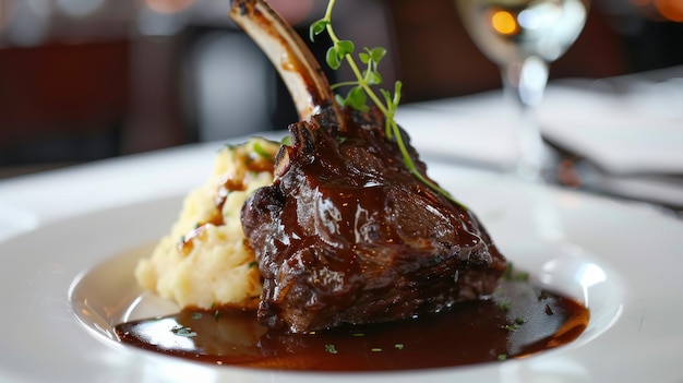 a gourmet lamb chop dish beautifully plated with a rich sauce and a side of mashed potatoes
