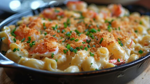 A gourmet lobster mac and cheese with breadcrumbs and chives