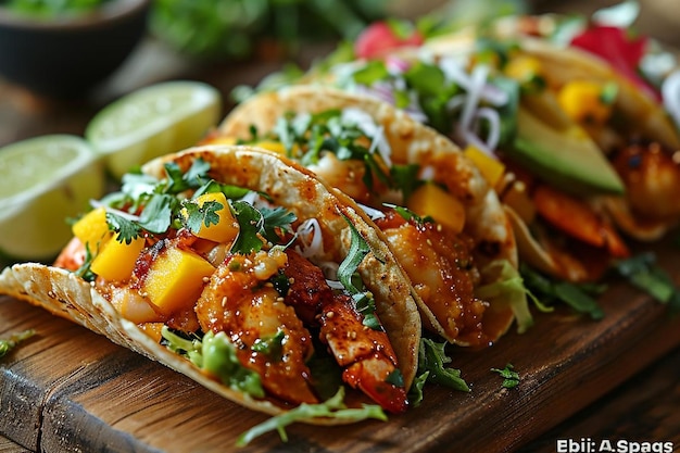 Gourmet lobster tacos with avocado and mango