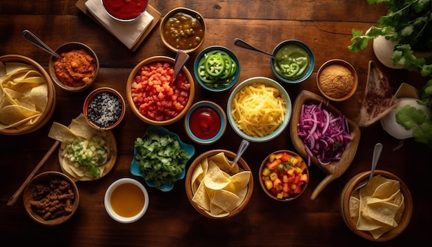 A gourmet meal of homemade guacamole fresh vegetables and meat generated by ai