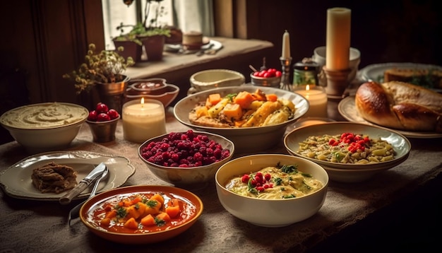 A gourmet meal of meat vegetables and fruit on wood generated by AI