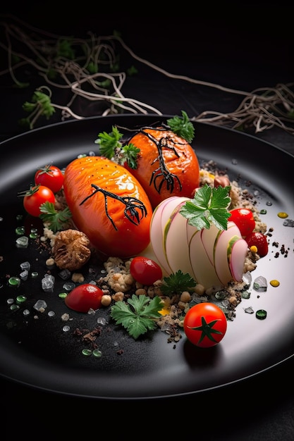 Gourmet Meal with Epicurean Vegetable Decoration A Fresh and Healthy Lunch Presentation