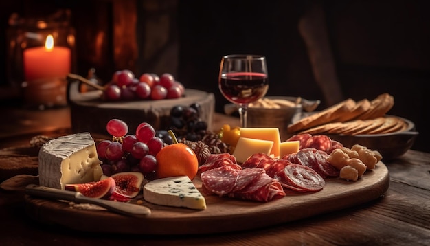 Фото Доска для изысканных мясных и сырных блюд с вином, созданная искусственным интеллектом