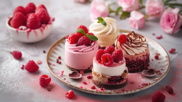 Photo gourmet mini chocolate raspberry cakes on elegant plate with romantic ambiance
