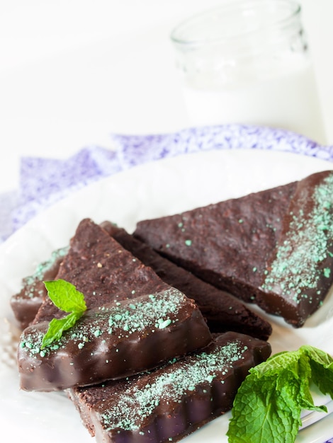 Photo gourmet mint chocolate bars on white plate.