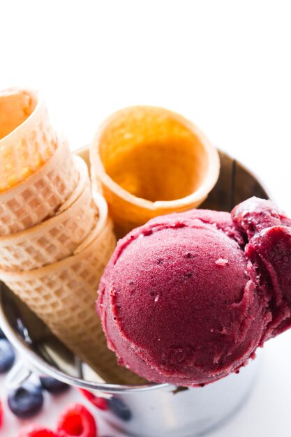 Gourmet mixed berry gelato on a white background.