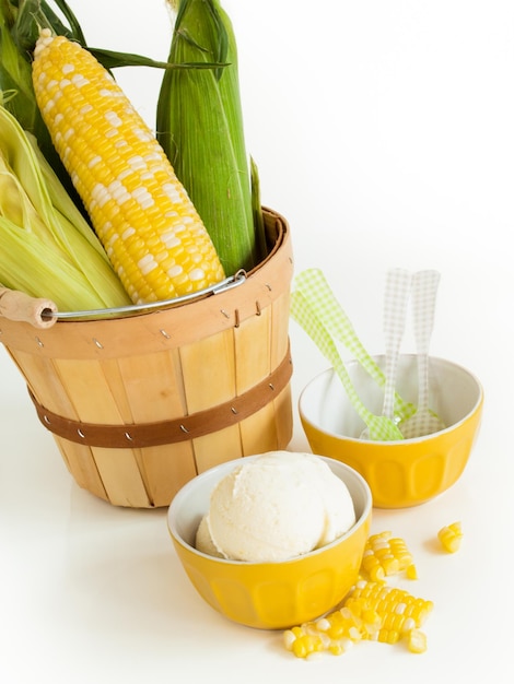 Gourmet Olathe sweet corn gelato on white background.