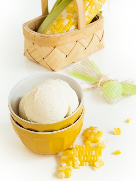 Gourmet Olathe sweet corn gelato on white background.