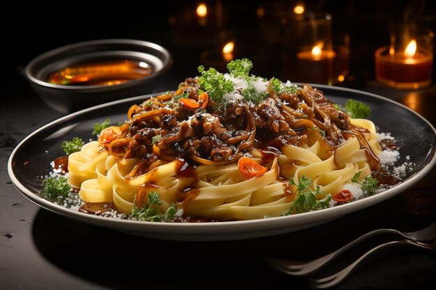 Photo gourmet pici pasta with wild mushroom ragu