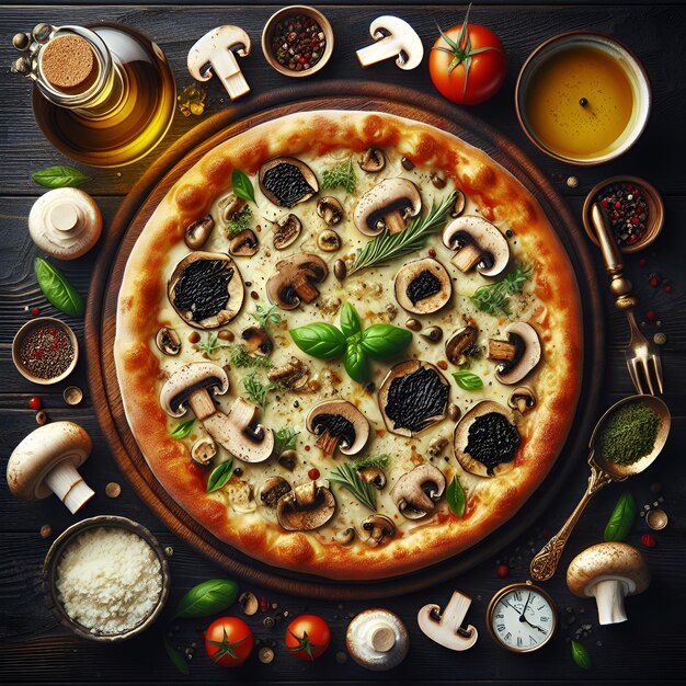 A gourmet pizza featuring truffle oilinfused mushrooms