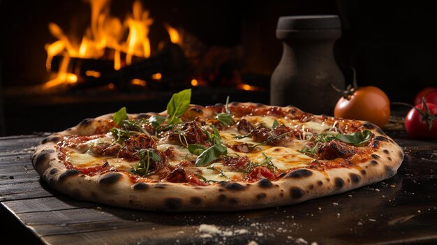 Photo a gourmet pizza fresh out of the woodfired background