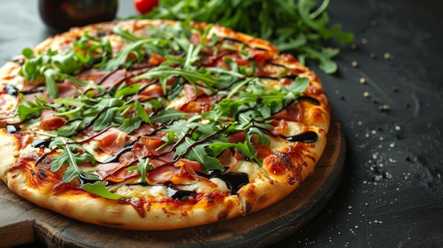 A gourmet pizza topped with arugula prosciutto and shaved Parmesan