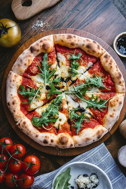 Gourmet pizza with arugula tomato balsamic vinegar and parmesan