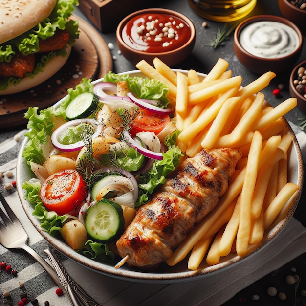 Photo gourmet plate french fries and salad