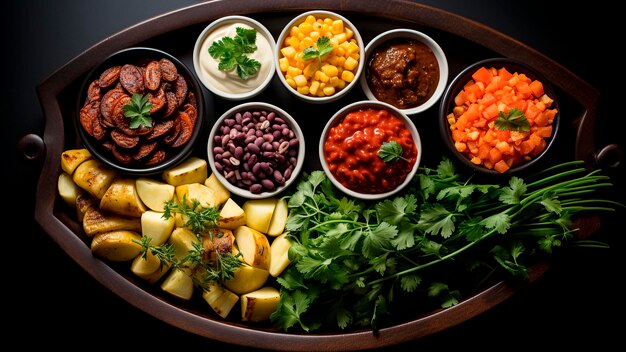 Photo gourmet platter with creamy sauce mixed vegetables and fresh herbs healthy food