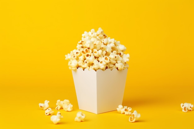 Foto gourmet popcorn gustoso fast food cibo di strada da asporto su sfondo giallo