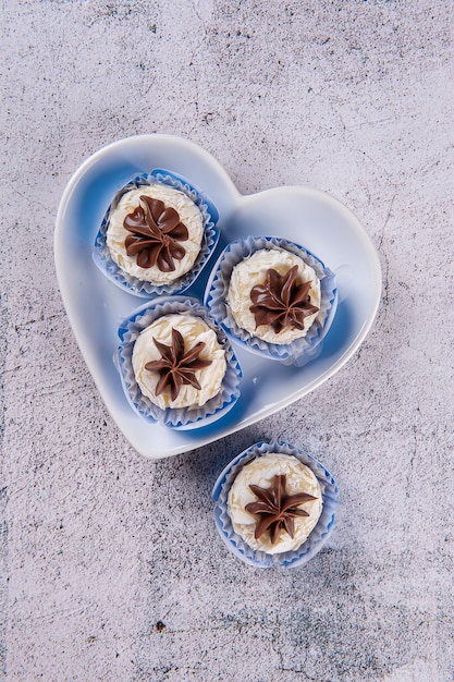 Gourmet powdered milk brigadier covered with hazelnut paste. typical brazilian sweet. Top view