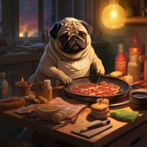 Photo the gourmet pug a culinary adventure with burger master puggy