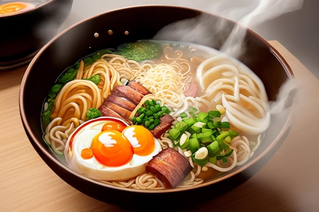 Gourmet ramen noodles in a steaming bowl