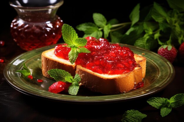 Gourmet raspberry jam on toast with fresh mint