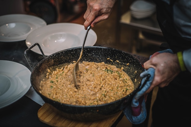 Gourmet risotto plate with cream of mushrooms and Parmesan cheese