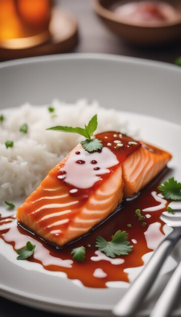 Gourmet salmon fillet with rice and teriyaki sauce