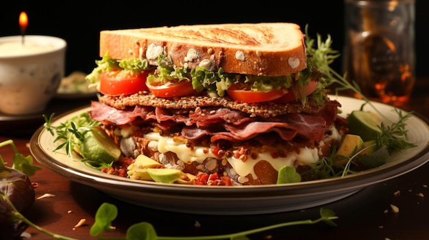 Gourmet sandwich with grilled meat in a plate on light red background