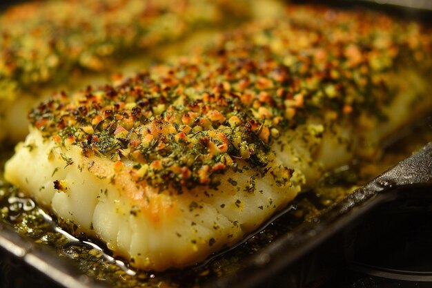 Photo gourmet seafood indulgence crispy baked cod with tangy lemonherb crust for discerning foodies