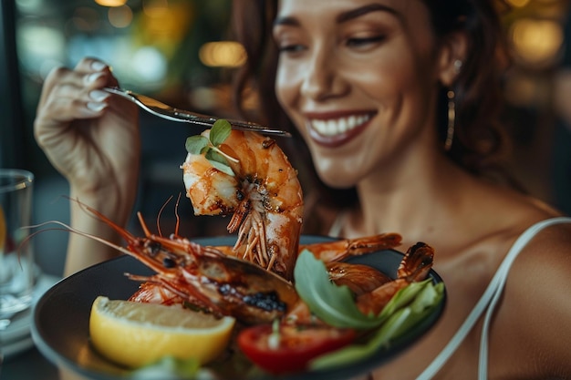 Photo gourmet seafood indulgence woman relishing fried shrimps with sauce